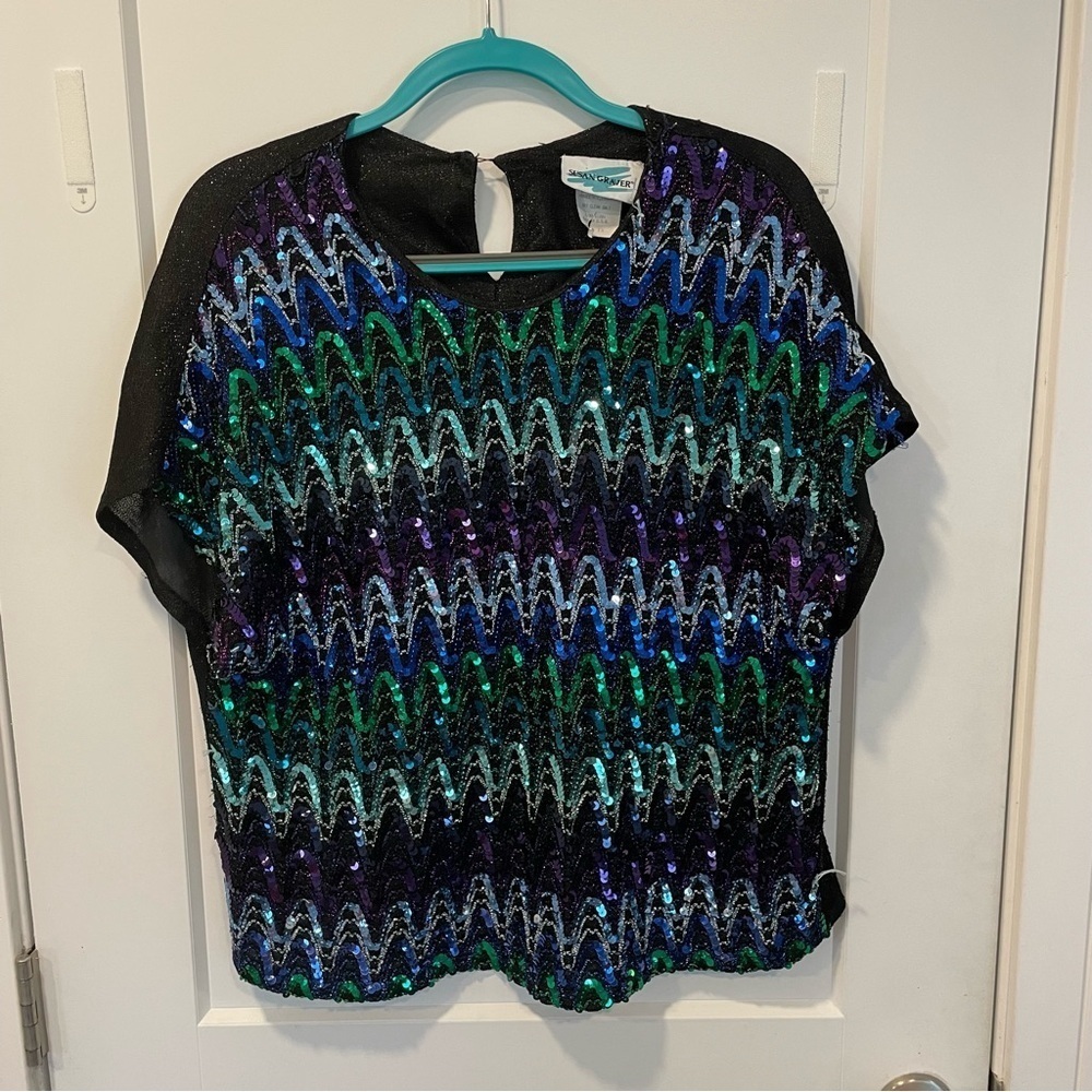 SUSAN GRAVER Women's 1X Sequin Top Glitter Formal Colorful 90s Vintage Plus size - Picture 2 of 13